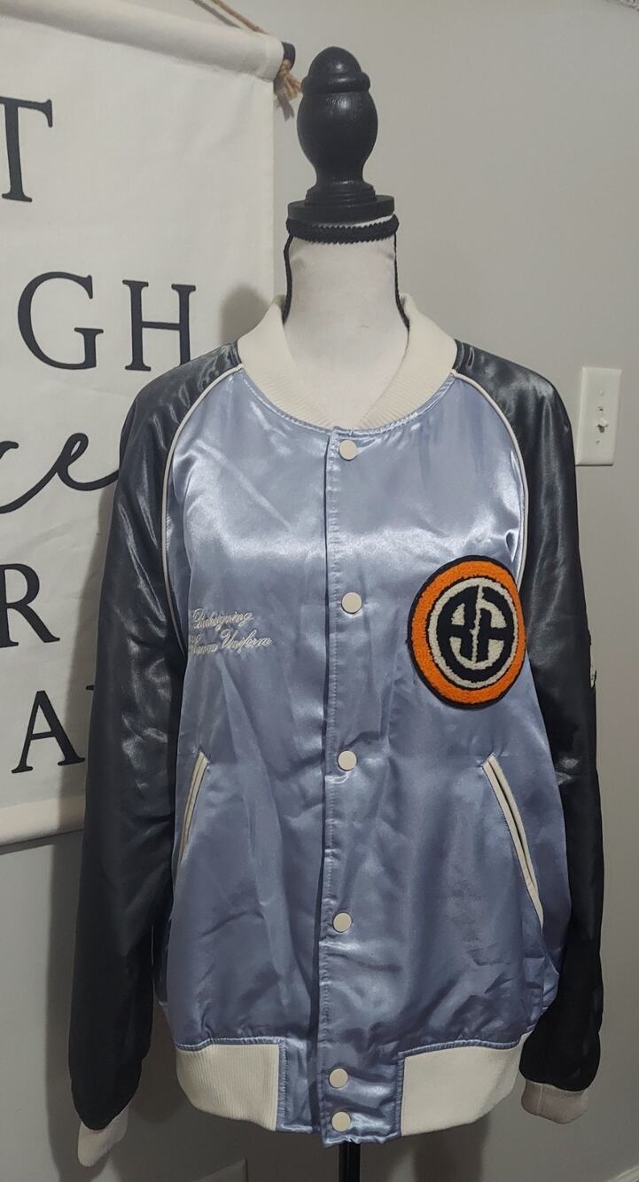 ZARA x RHUIGI Satin Bomber Jacket XL Light Blue Black Redesigning Human Uniform